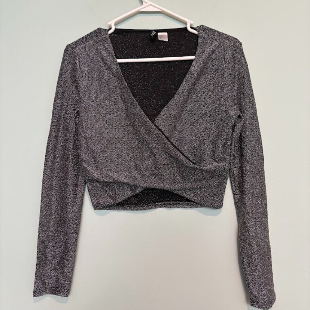 Shimmer Wrapover Top size M Glam, Silver, event, dressy, club, cocktail, stretch